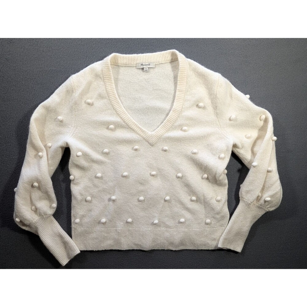 Madewell Women’s Medium Ivory Pom Pom Bobble V-Neck Wool Blend Sweater